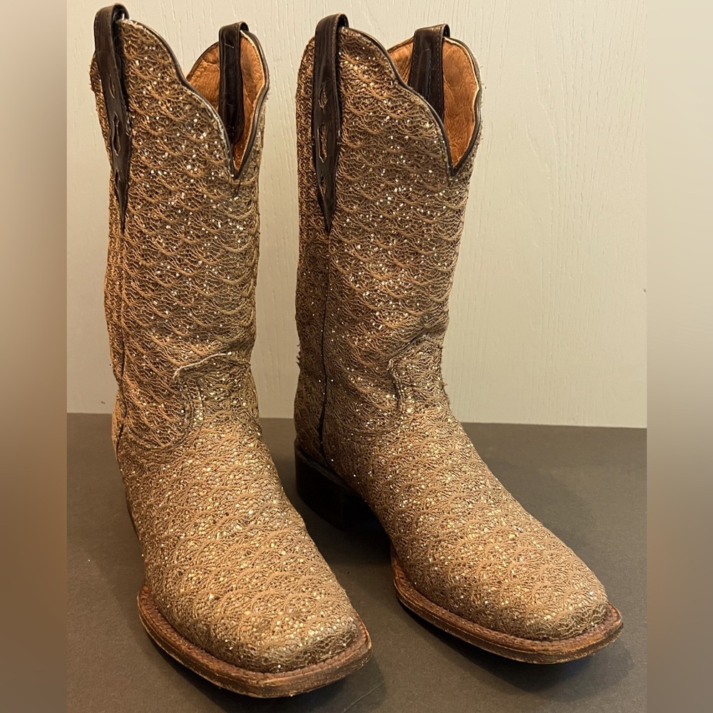Tanner Mark Presley Brown Shimmer Square Toe Cowgirl Boots. 7